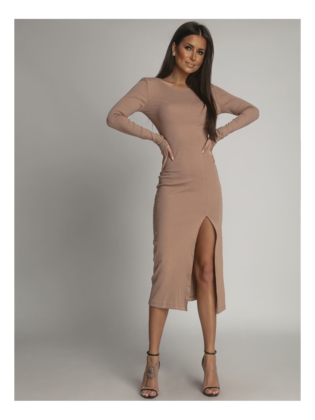 Rochie cu nervuri cu decolteu cappuccino FG673